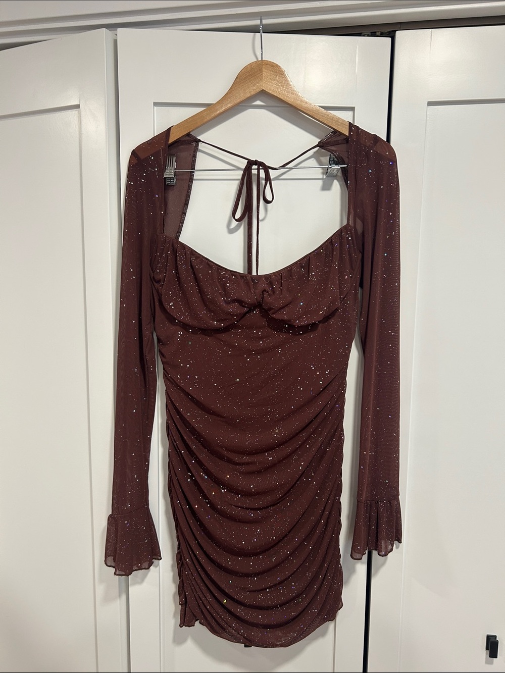 Brown Ruched Long Sleeve Party Dress - Women